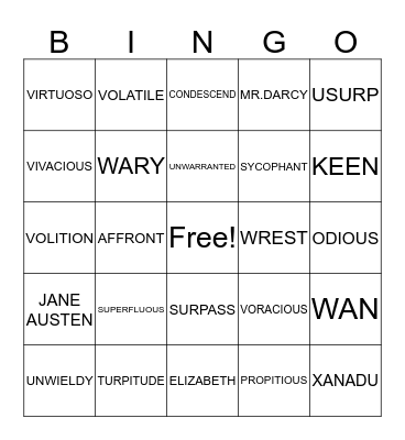 Pride and Prejudice Bingo Card