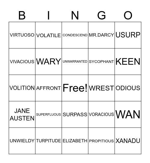 Pride and Prejudice Bingo Card