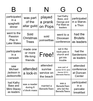 BenedicTeen Bingo Card