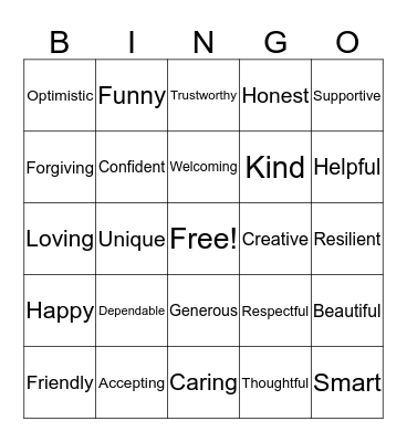 Your Positive Qualities Bingo Card