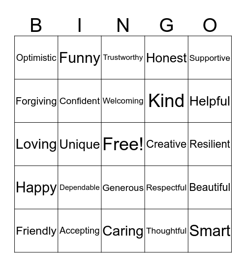Your Positive Qualities Bingo Card