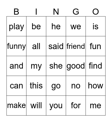 Kindergarten Sight Words Bingo Card