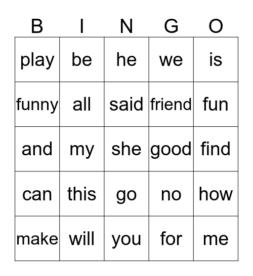 Kindergarten Sight Words Bingo Card