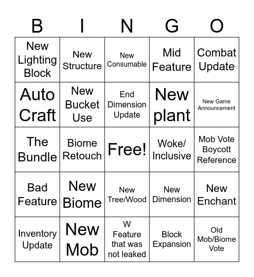 Minecraft Live 2023 Bingo Card