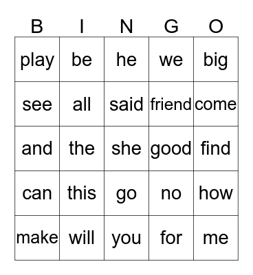 Kindergarten Sight Words Bingo Card