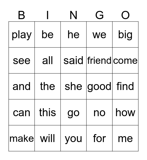 Kindergarten Sight Words Bingo Card