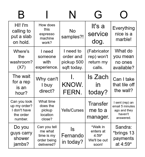 The life and times of Ciot Reception. Bingo Card