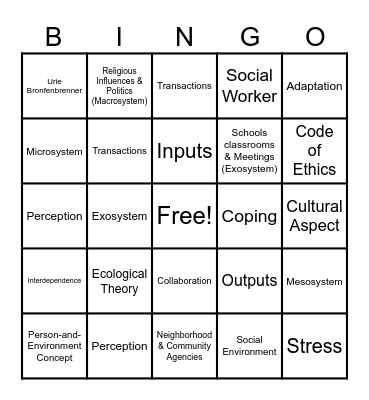 Ecological Theory Bingo Card
