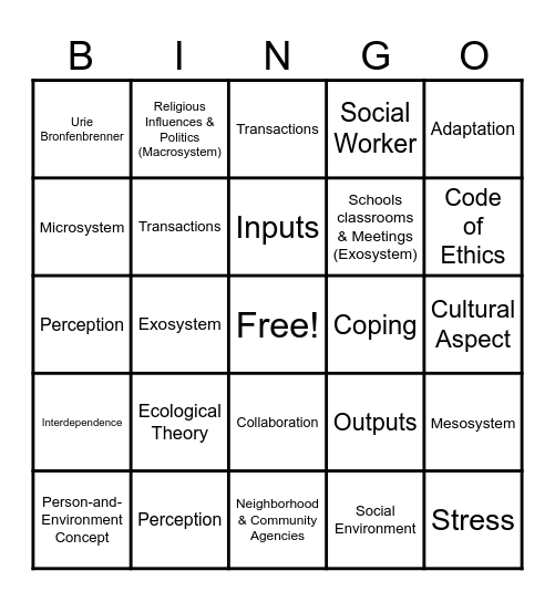 Ecological Theory Bingo Card