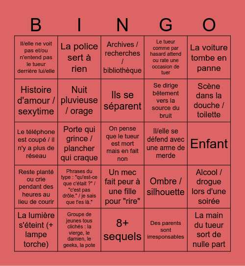 Bingo des films "slasher" Bingo Card