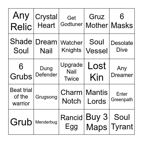 Hollow Knight Bingo Card