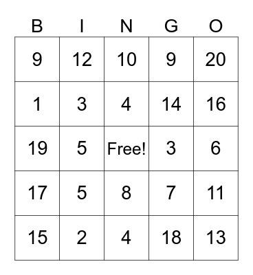 Addition and Subtraction Within 20 Bingo Card