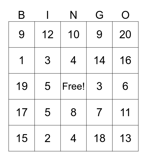 Addition and Subtraction Within 20 Bingo Card