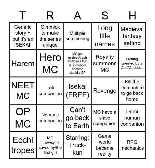 Isekai Trashlist Bingo Card