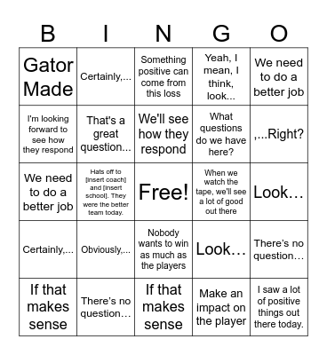 Napier Press Conference Bingo Card