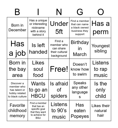 BSU GET TO KNOW YOU Bingo Card