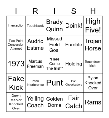Notre Dame Football Bingo Card