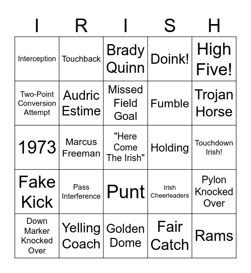 Notre Dame Football Bingo Card