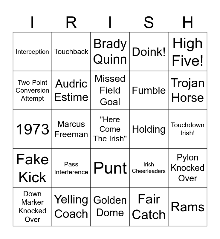 Notre Dame Football Bingo Card