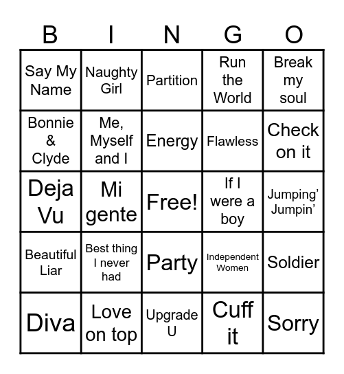 Yoncé Bingo Card