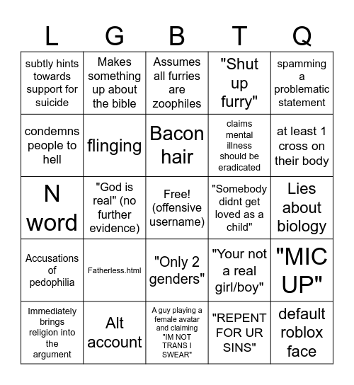 Roblox LGBTQ+ Hangout argument bingo Card