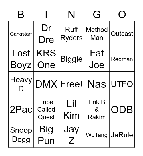 Old School Hip Hop Bingo Card