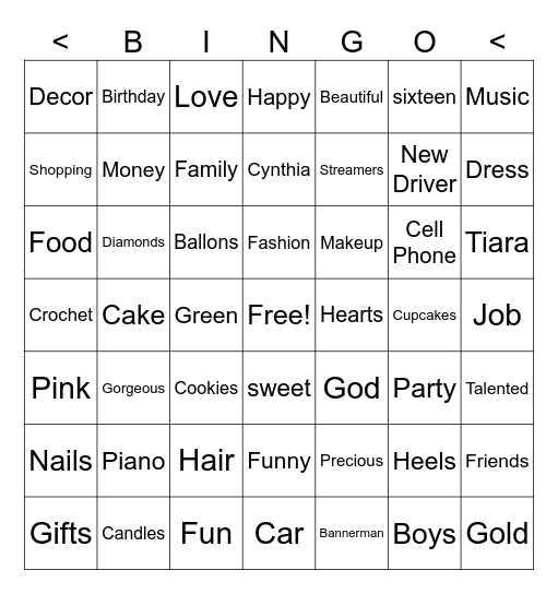 Precious Sweet 16 Bingo Card