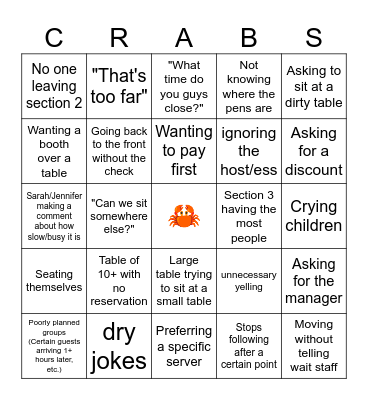 Pacific Seafood Buffet Bingo Card