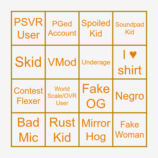 PCVR Rec Center Bingo Card