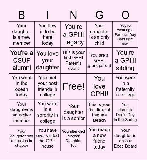 Gamma Phi Beta Parent's Day Bingo Card