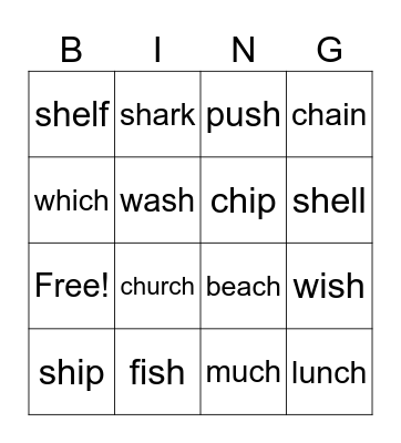 Spelling words ch/sh Bingo Card