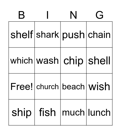 Spelling words ch/sh Bingo Card