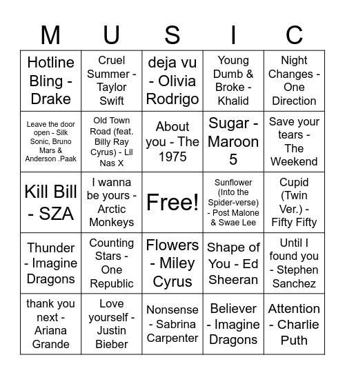 POP MUSIC BINGO Card