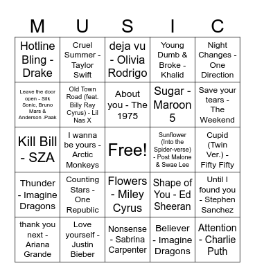 POP MUSIC BINGO Card
