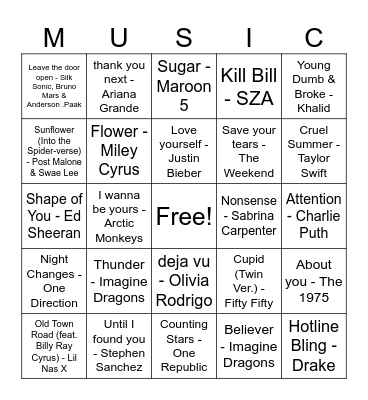 POP MUSIC BINGO Card