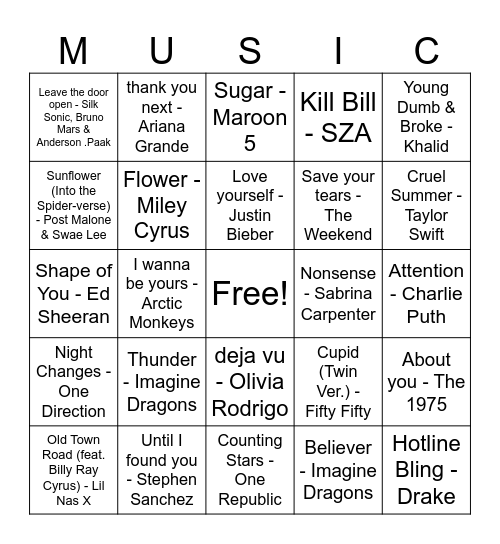 POP MUSIC BINGO Card