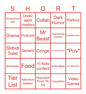 Shorts Bingo Card