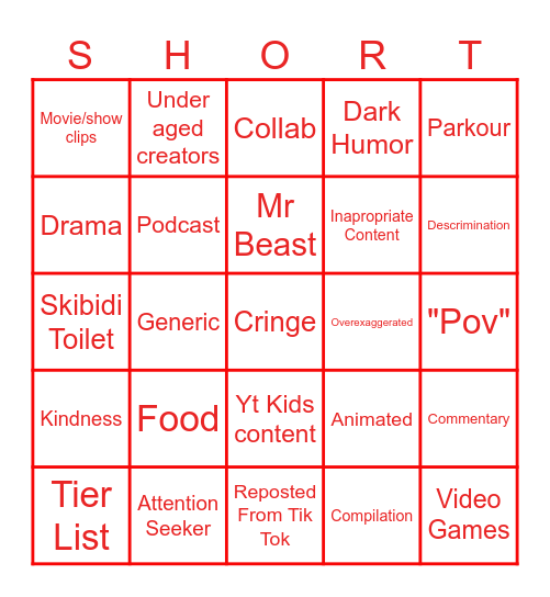 Shorts Bingo Card