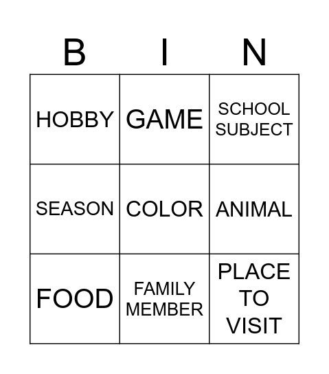 MY FAVORITES Bingo Card