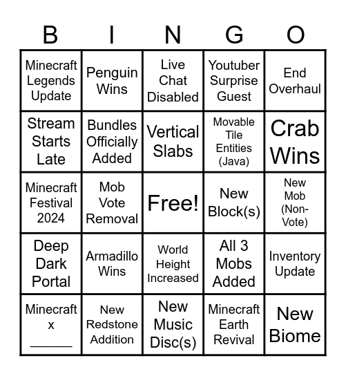 Minecraft Live 2023 Bingo Card