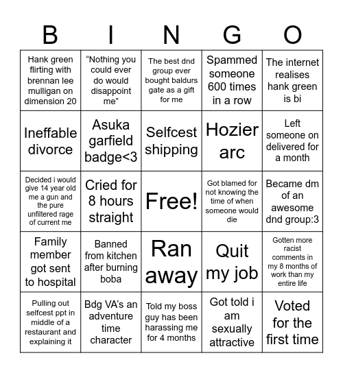 Actual bingo Card