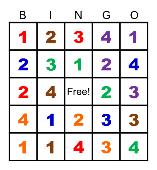 Number Colour Bingo Card