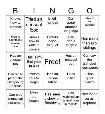 Heritage 4-H Club Bingo Card