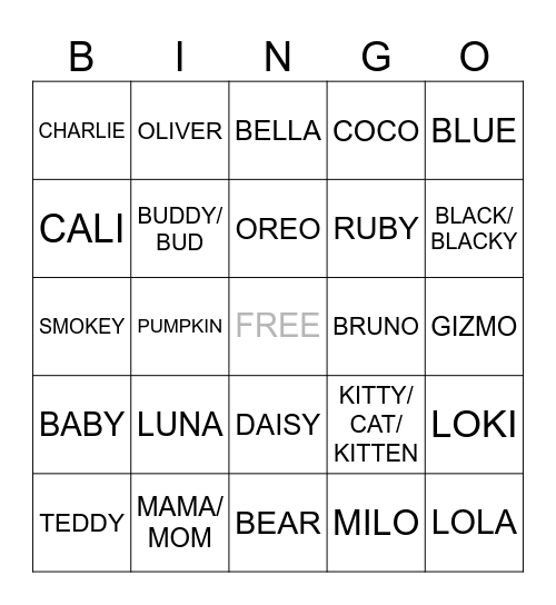 PET NAME BINGO Card