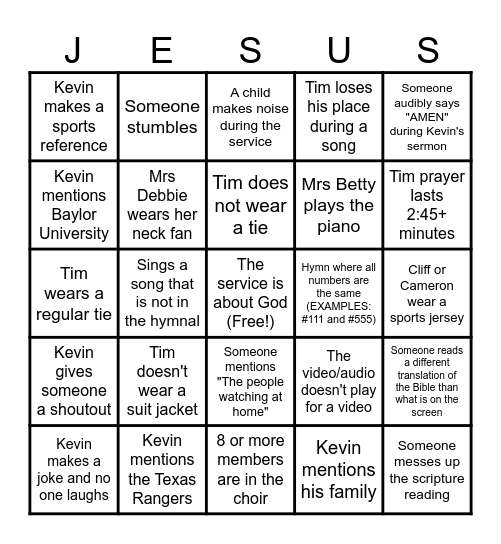 Church Service Bingo Card :) Bingo Card