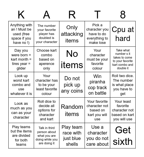 Mario kart 8 deluxe Bingo Card