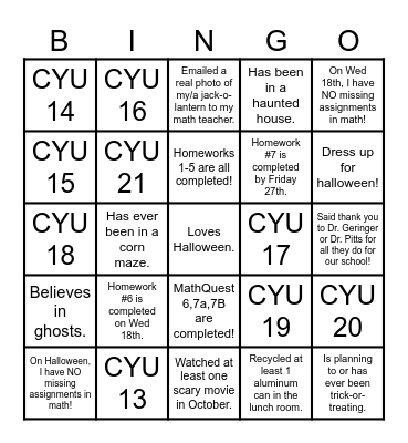 Hallo-math-ween Countdown Bingo Card