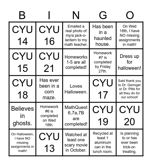 Hallo-math-ween Countdown Bingo Card