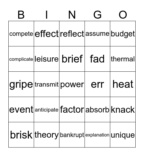 Words Bingo Card