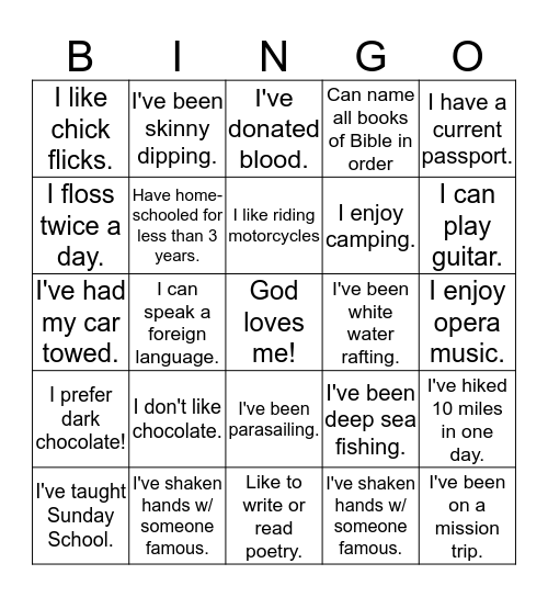 Life Experiences Bingo Card